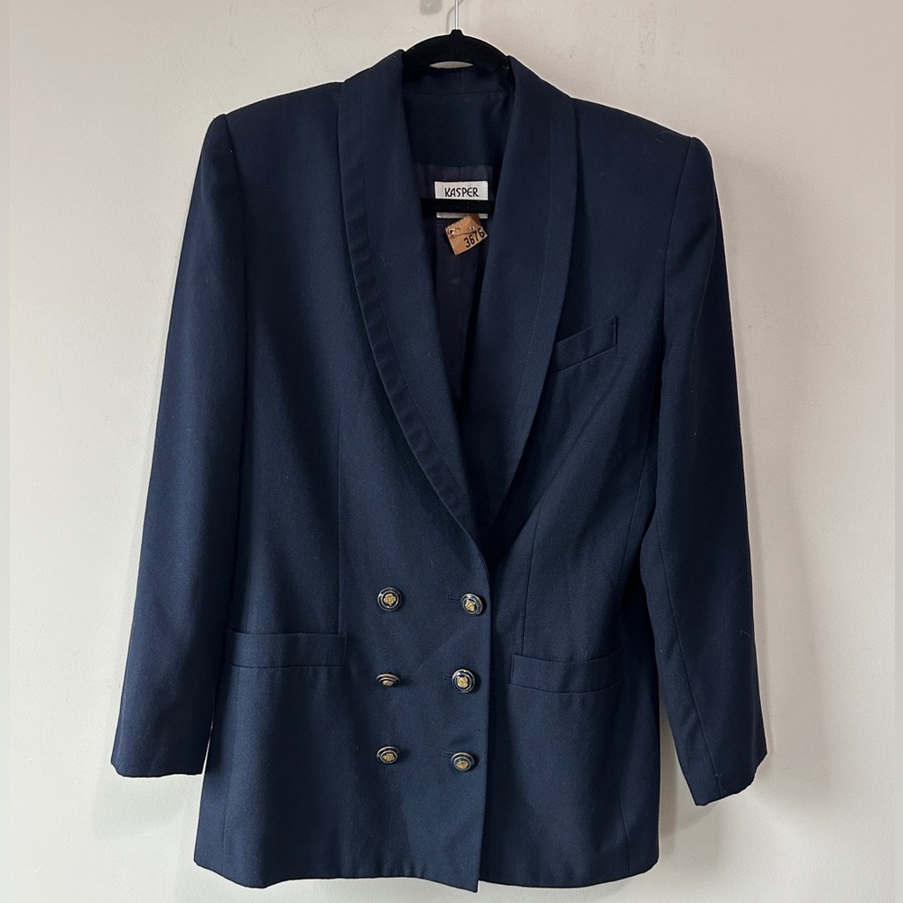 Vintage Navy Blue Shawl Lapel Double Breasted Blazer Jacket BY Kasper & Company